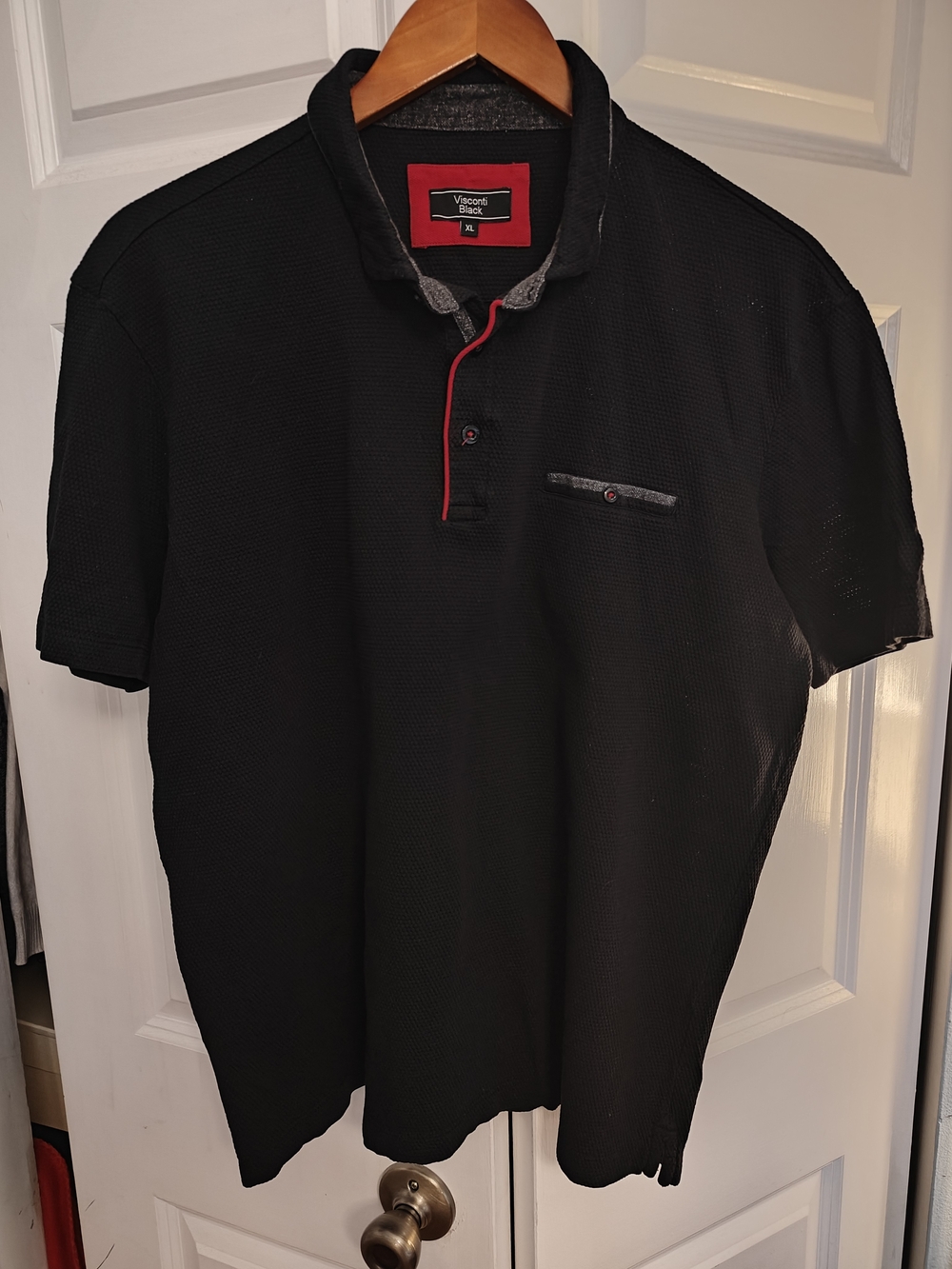 Visconti Black Men's Textured Polo with Contrasting Trim, Button Down Collar